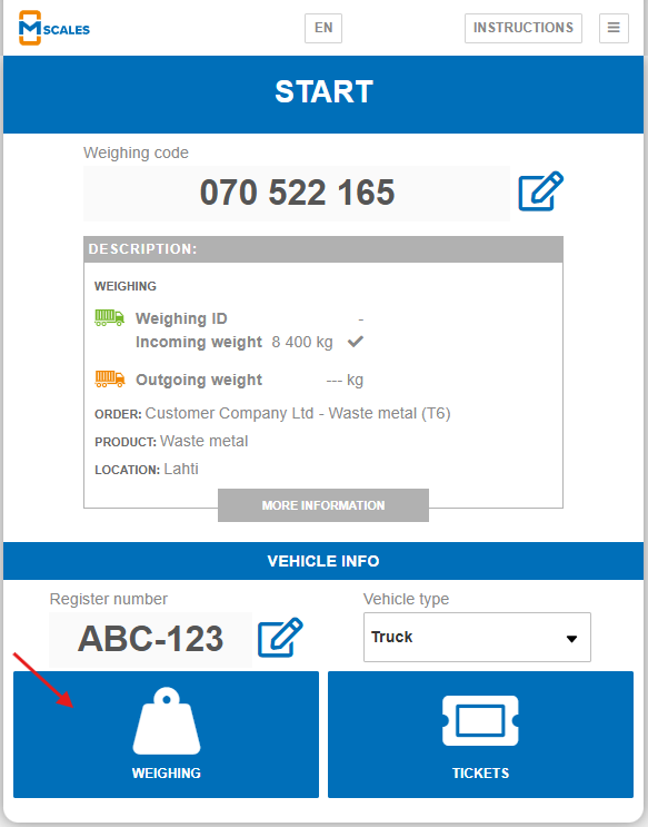 Performing a weighing with a weighing code