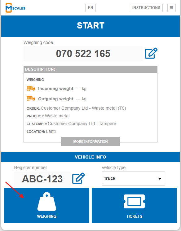 Performing a weighing with a weighing code