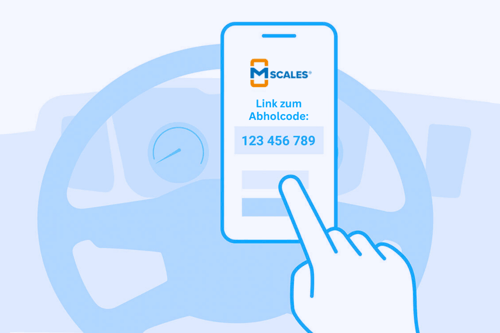 Einfache, blautönige Illustration eines Smartphones mit Abholcode-Link des Mscales-Dienstes, eine Hand berührt den Bildschirm, im Hintergrund ein Fahrzeuginnenraum.