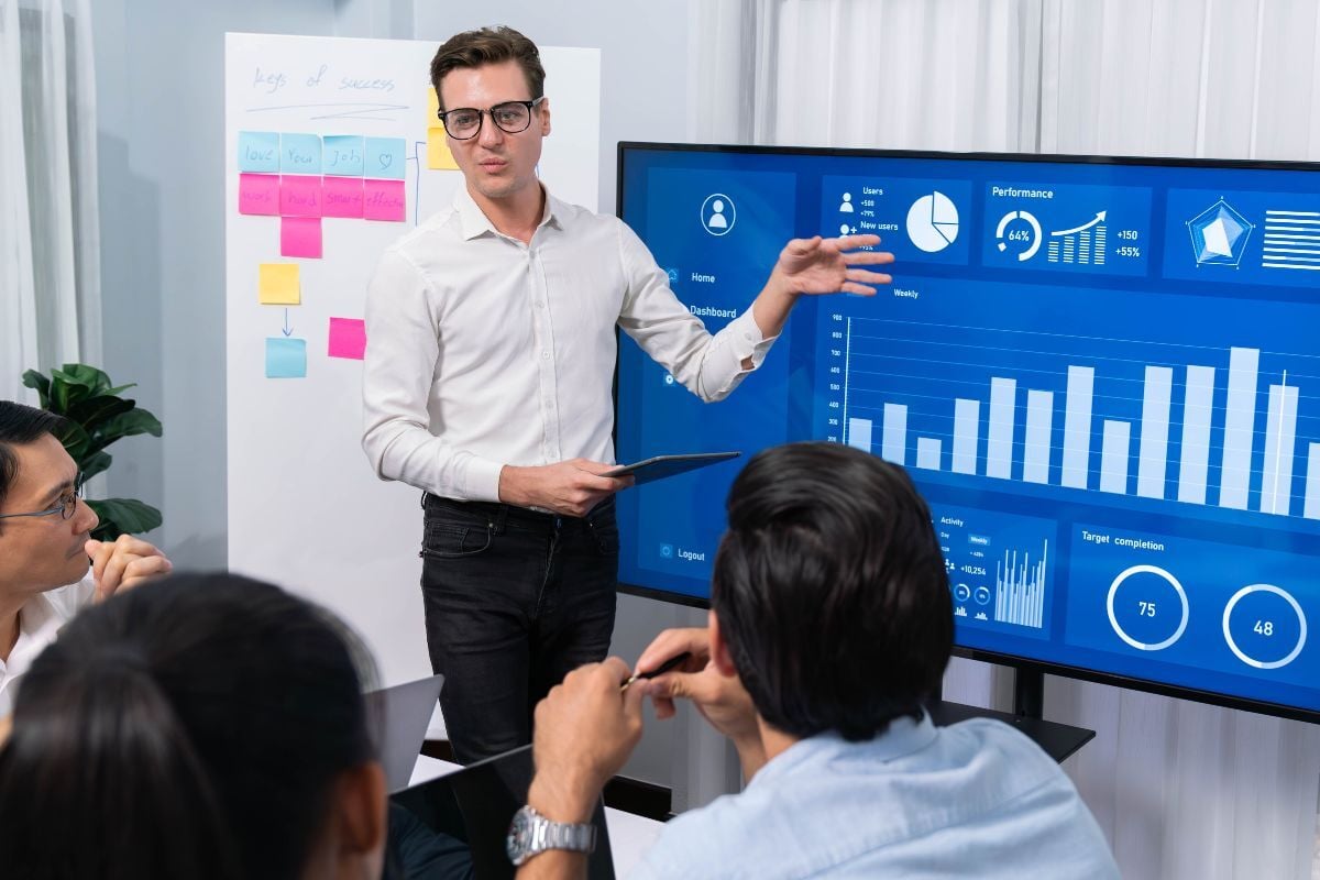 Man pointing at a screen displaying business charts and goals, while a few people seated in the foreground listen attentively.