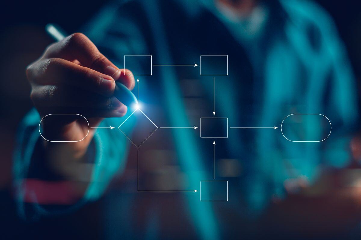 Hand holding a pen drawing a flowchart with geometric shapes and arrows on a digital interface, with a dim background highlighting the illuminated diagram